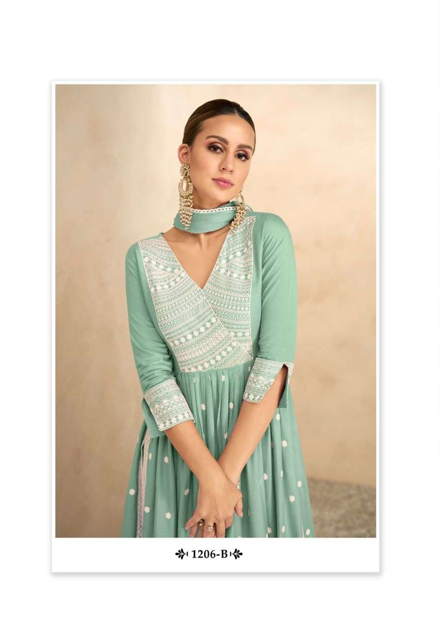 AADHIRA VOL 4 LIGHT COLOR  REYON VISCOS FRNT AND BACK LAKHNAWI WORK NAYRA CUT KURTI WITH COTTON PANT AND NAZMIN DUPATTA BY VAMIKA BRAND 1206 B C